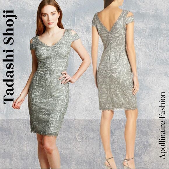 TADASHI SHOJI FORD CUTOUT DRESS IN ASH GREY  METALLIC SIZE 16 NWT - Picture 1 of 9